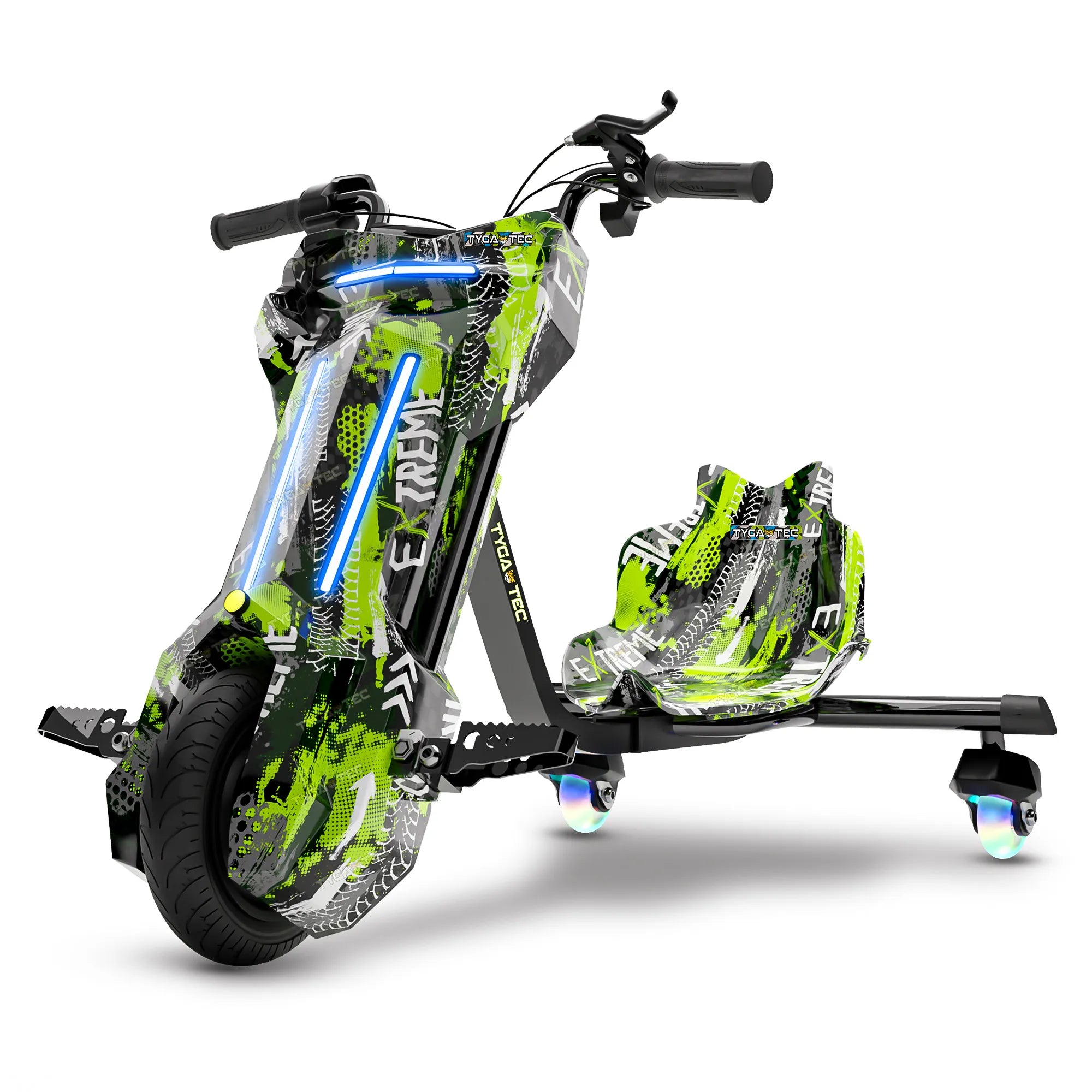 ( PRE-BOOK)- TYGATEC T9 3 WHEEL ELECTRIC 360 DRIFTER FOR KIDS AND ADULTS WITH LED LIGHT AND BLUETOOTH (Extreme Green color)