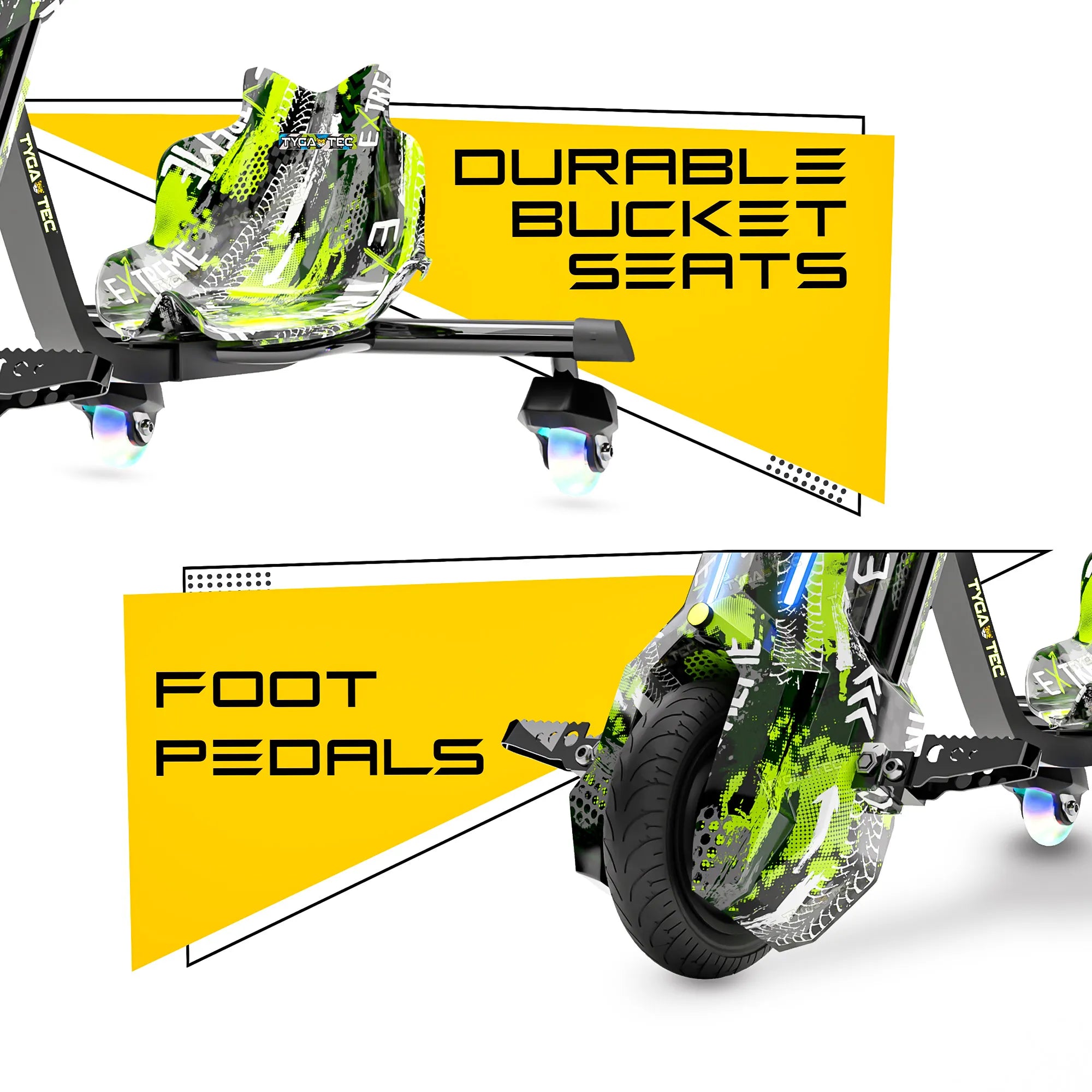 ( PRE-BOOK)- TYGATEC T9 3 WHEEL ELECTRIC 360 DRIFTER FOR KIDS AND ADULTS WITH LED LIGHT AND BLUETOOTH (Extreme Green color)