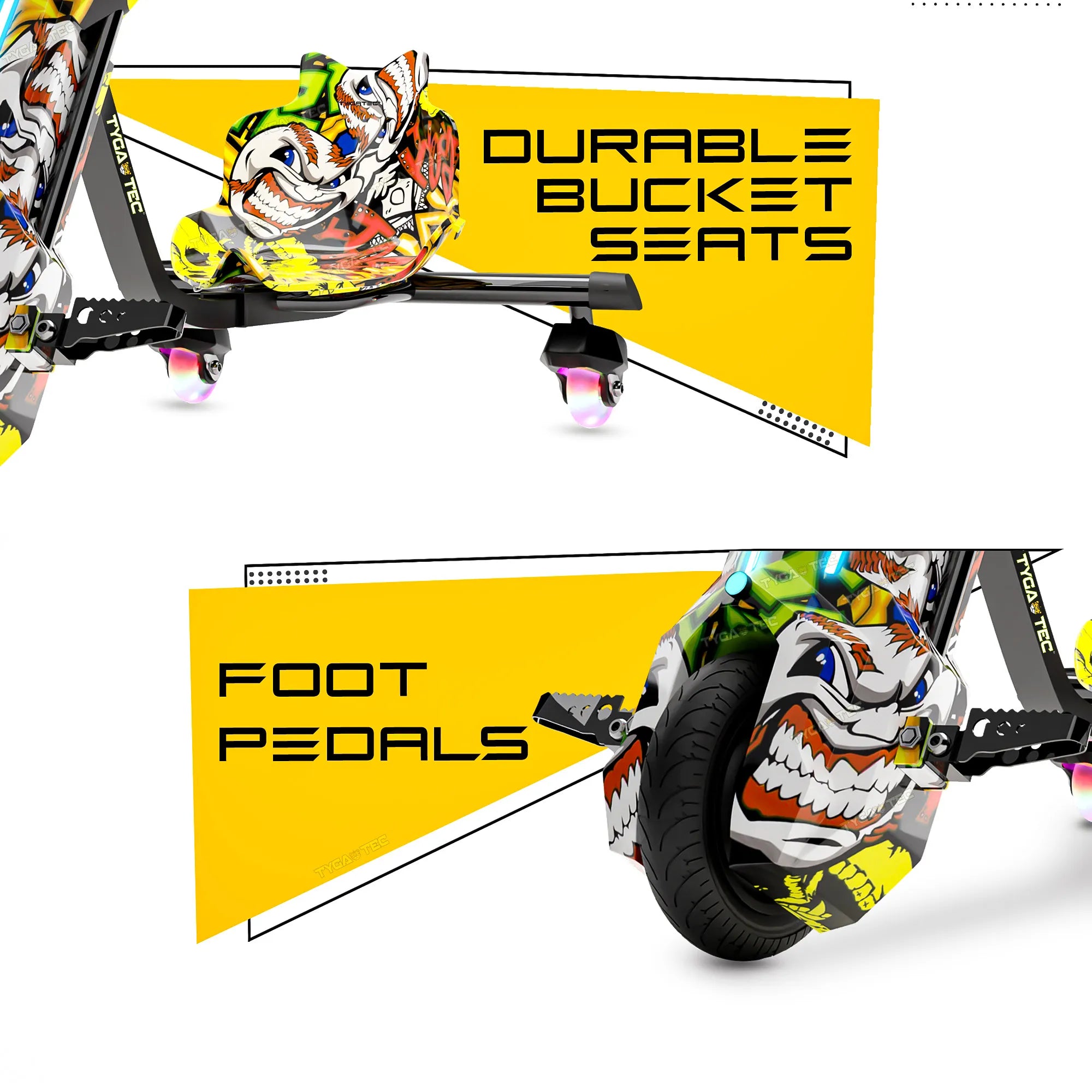( PRE-BOOK)- TYGATEC T9 3 WHEEL ELECTRIC 360 DRIFTER FOR KIDS AND ADULTS WITH LED LIGHT AND BLUETOOTH (Extreme Ed-hardy color)