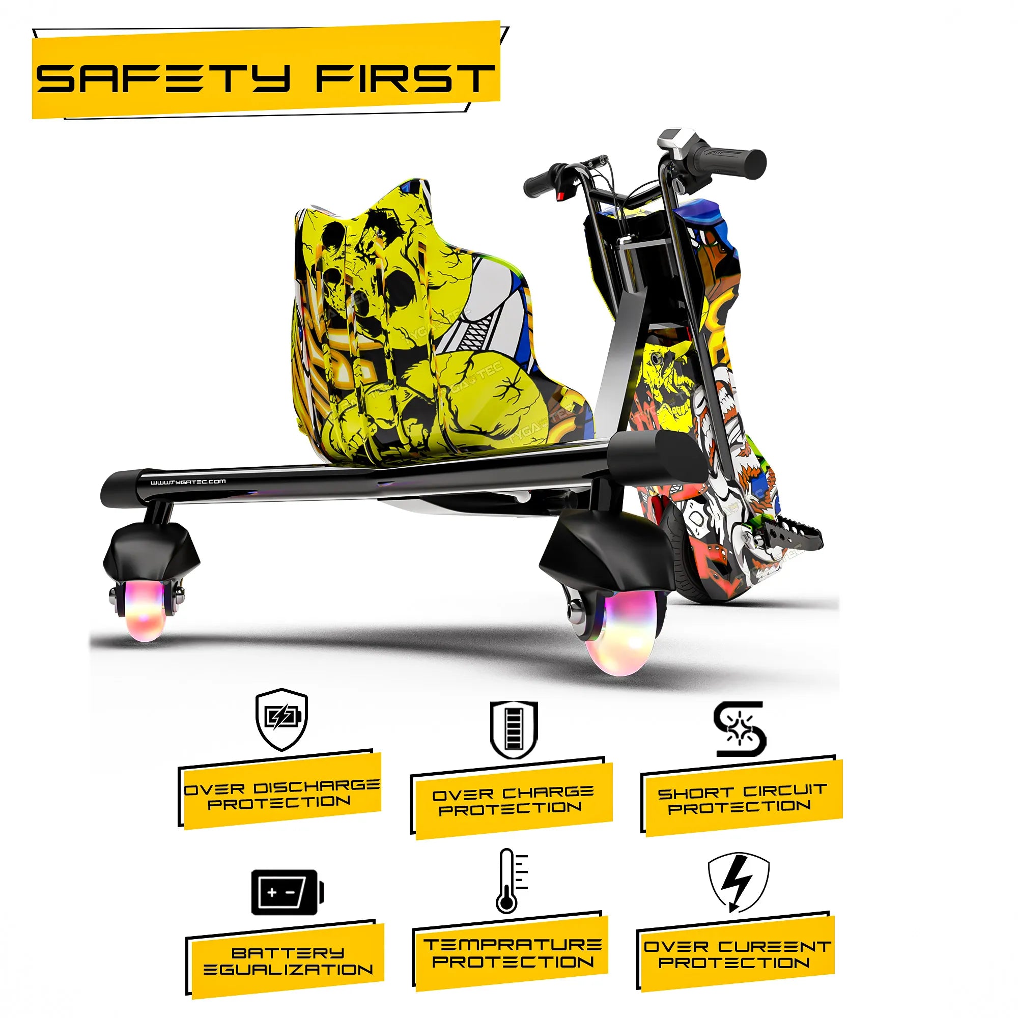( PRE-BOOK)- TYGATEC T9 3 WHEEL ELECTRIC 360 DRIFTER FOR KIDS AND ADULTS WITH LED LIGHT AND BLUETOOTH (Extreme Ed-hardy color)