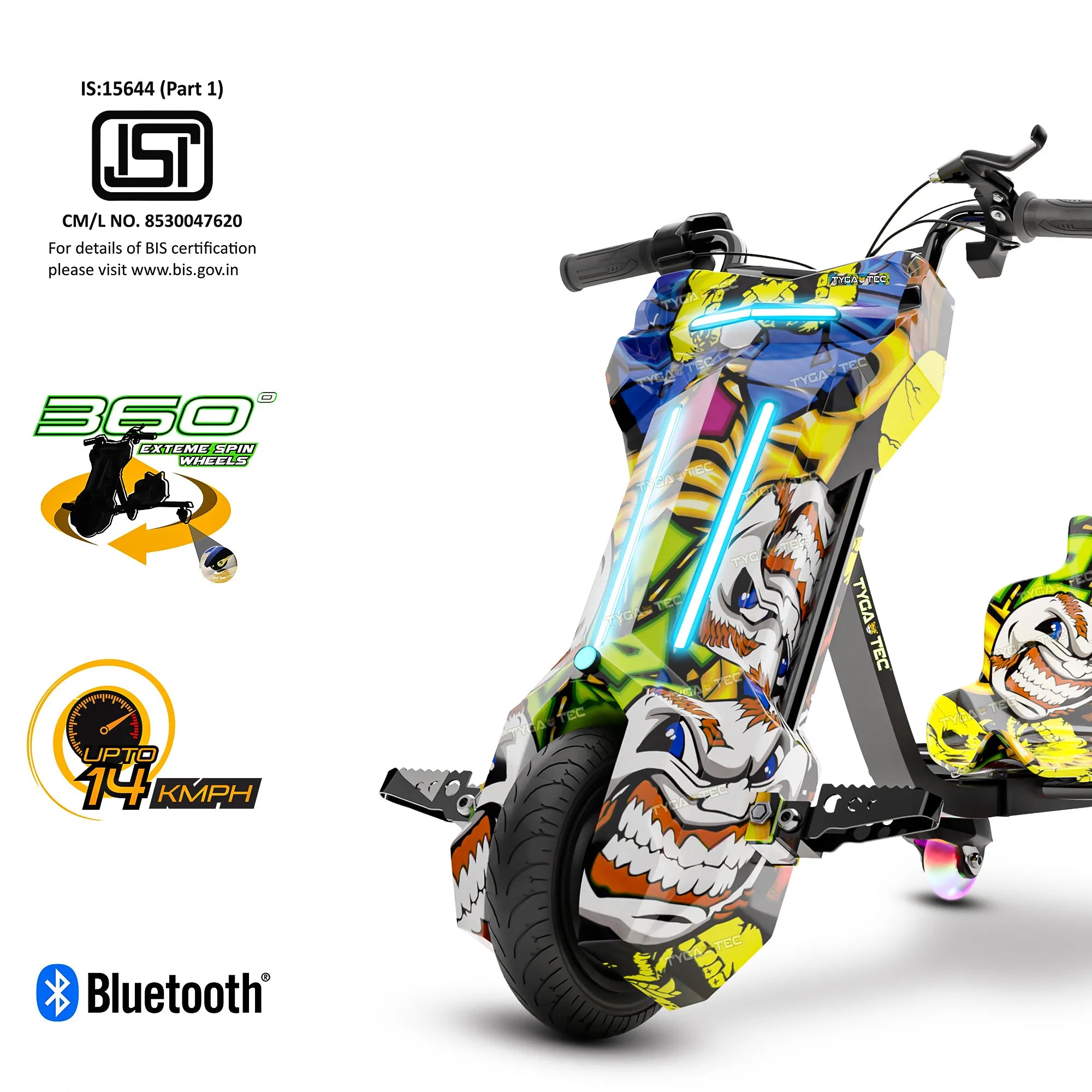 ( PRE-BOOK)- TYGATEC T9 3 WHEEL ELECTRIC 360 DRIFTER FOR KIDS AND ADULTS WITH LED LIGHT AND BLUETOOTH (Extreme Ed-hardy color)