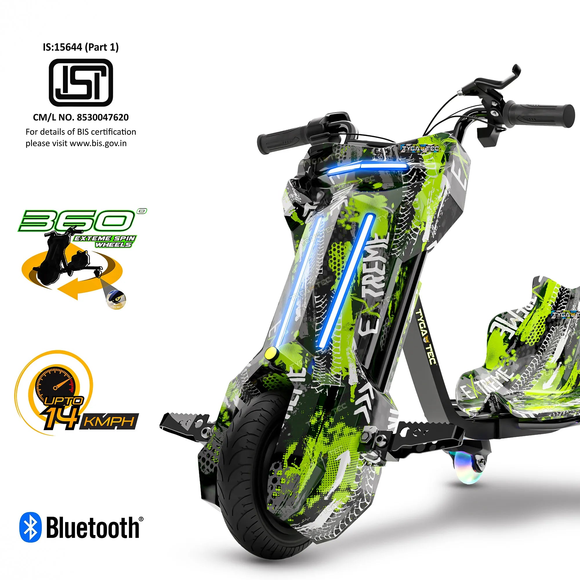 ( PRE-BOOK)- TYGATEC T9 3 WHEEL ELECTRIC 360 DRIFTER FOR KIDS AND ADULTS WITH LED LIGHT AND BLUETOOTH (Extreme Green color)