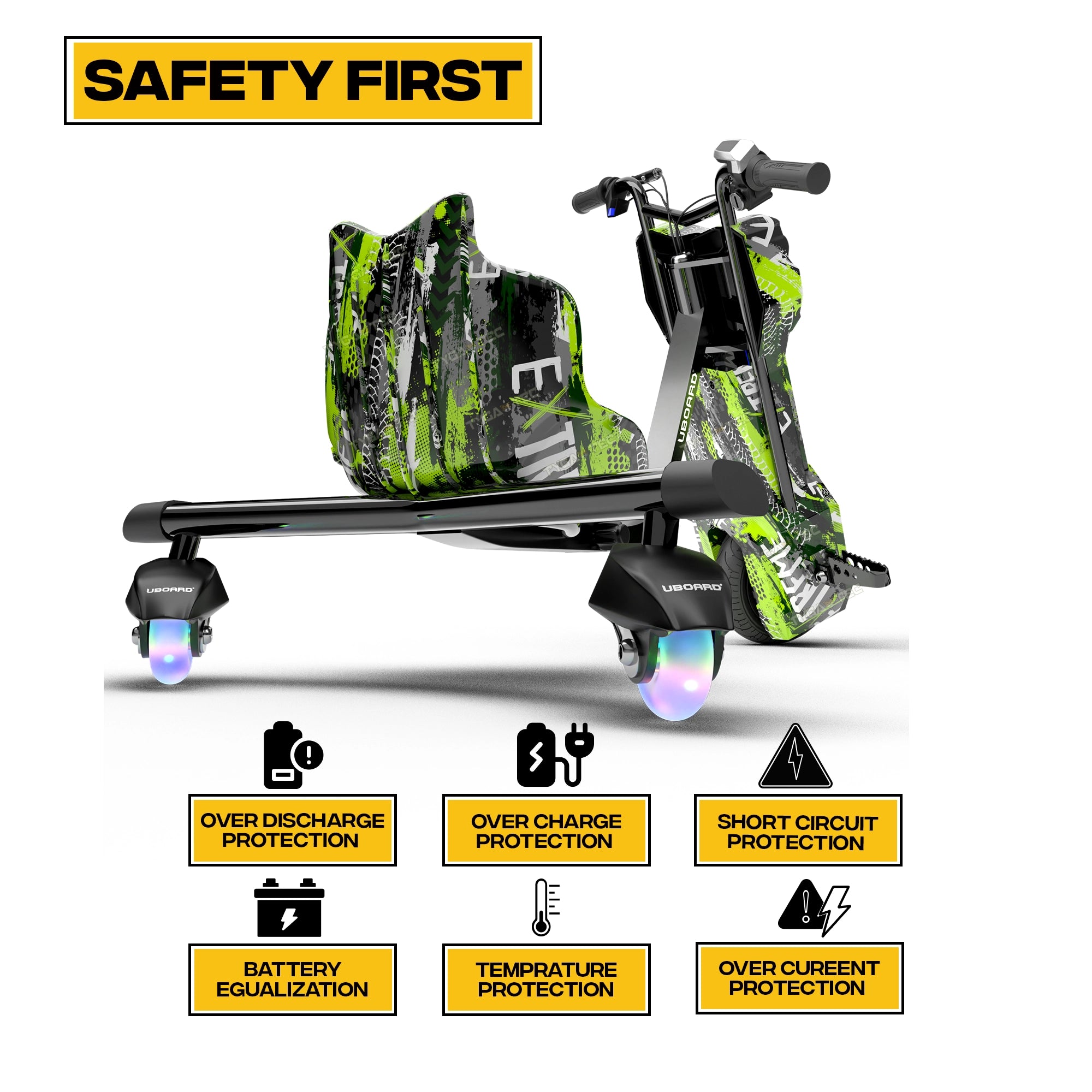 TYGATEC T9 3 WHEEL ELECTRIC 360 DRIFTER FOR KIDS AND ADULTS WITH LED LIGHT AND BLUETOOTH (Extreme Green color)