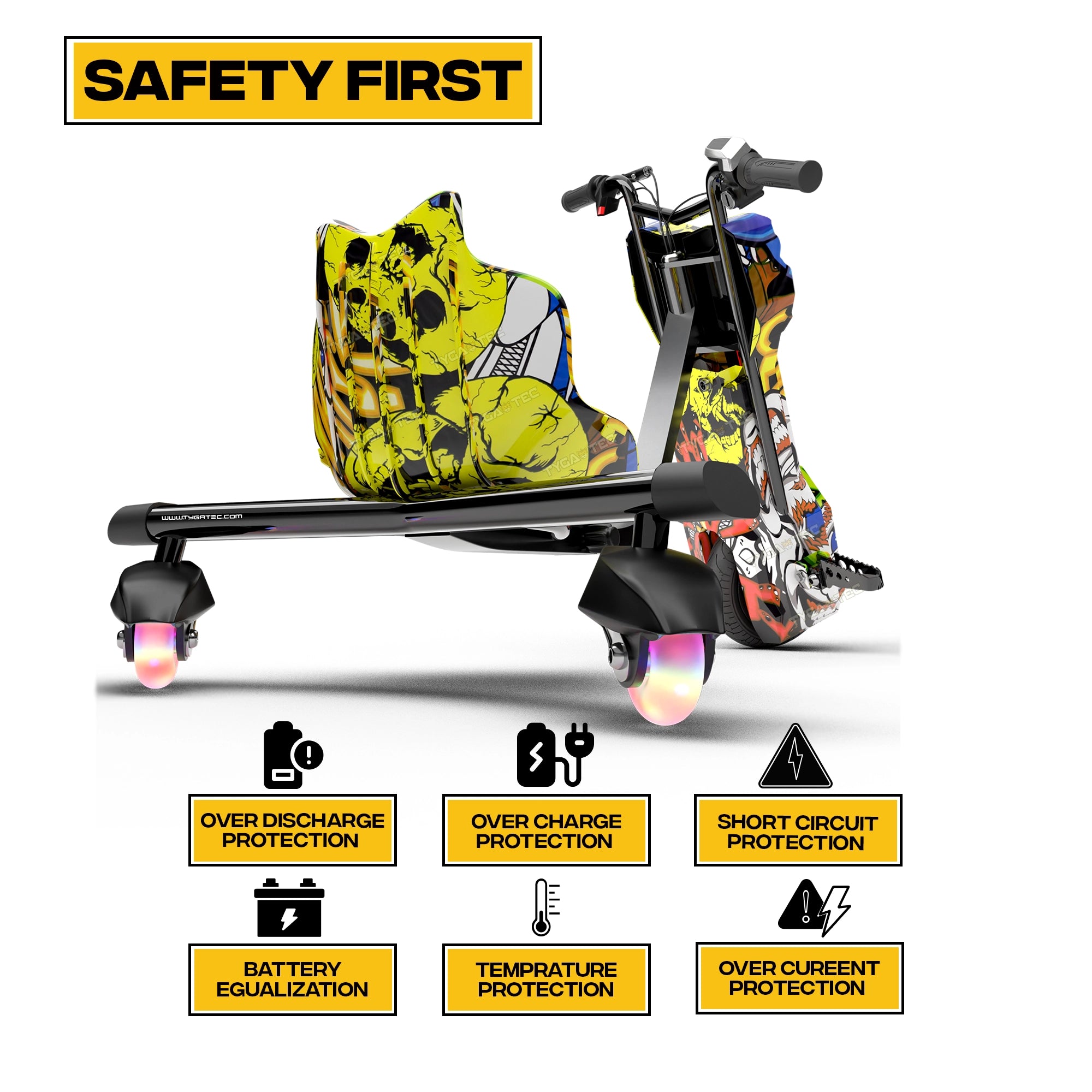 TYGATEC T9 3 WHEEL ELECTRIC 360 DRIFTER FOR KIDS AND ADULTS WITH LED LIGHT AND BLUETOOTH (Extreme Ed-hardy color)