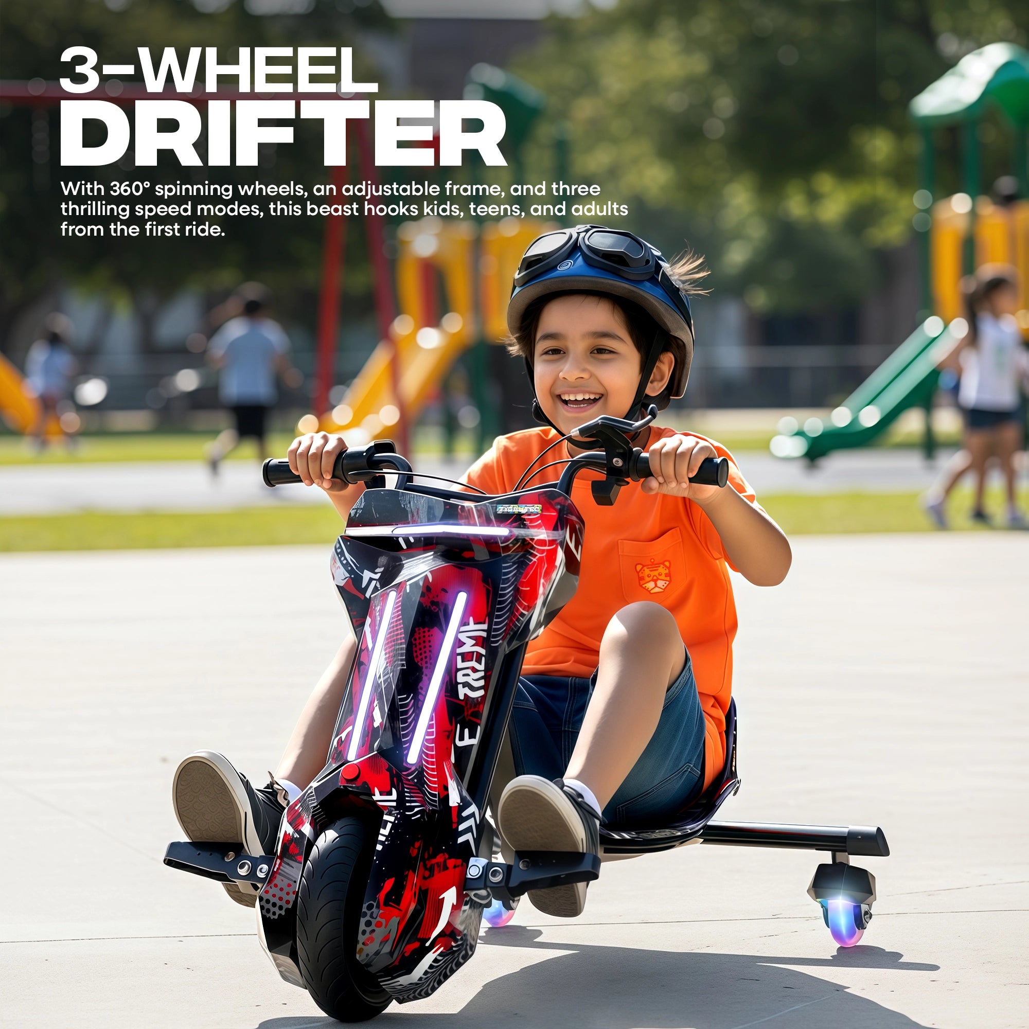 TYGATEC T9 3 WHEEL ELECTRIC 360 DRIFT SCOOTER FOR KIDS AND ADULTS WITH LED LIGHT AND BLUETOOTH (Extreme Red color)