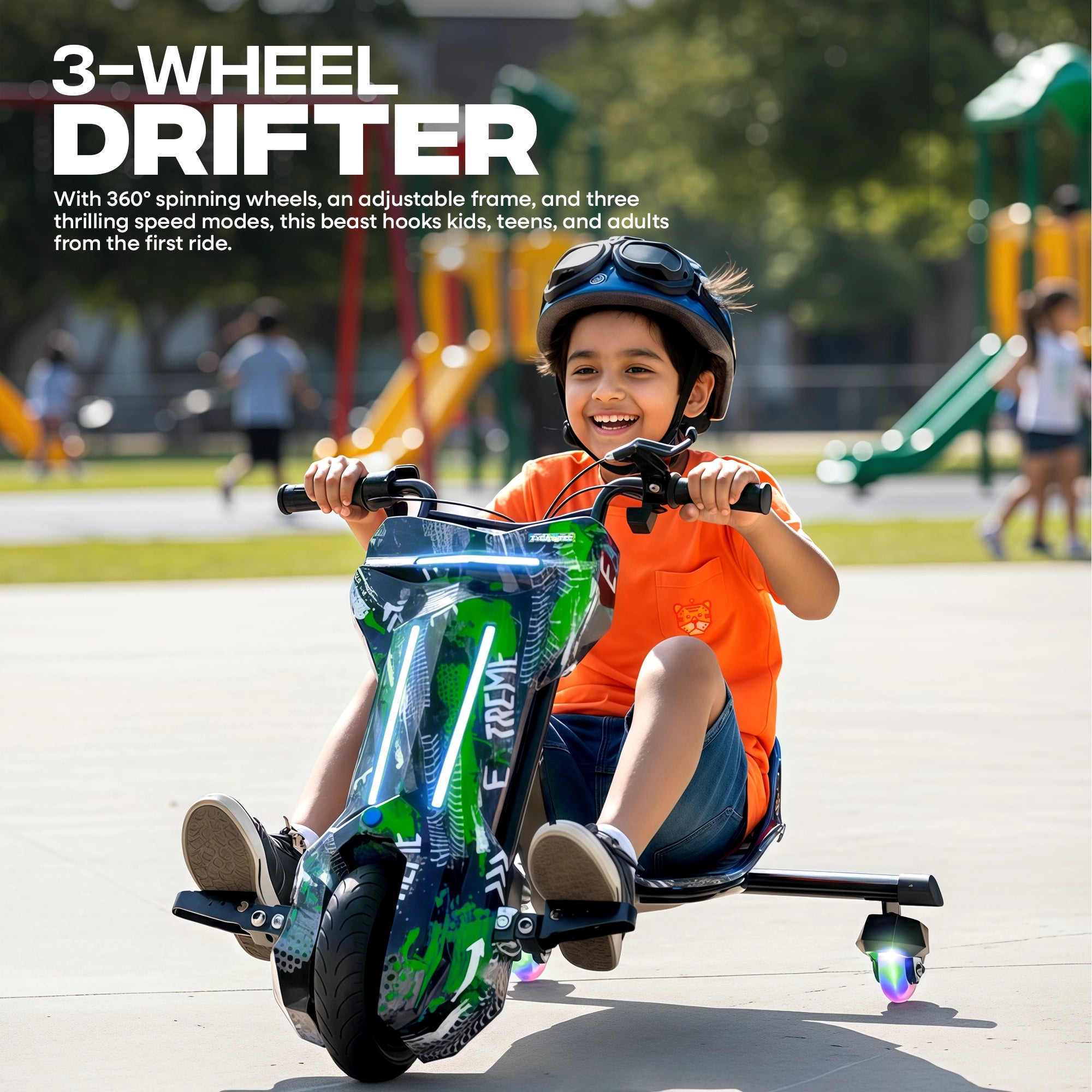 TYGATEC T9 3 WHEEL ELECTRIC 360 DRIFTER FOR KIDS AND ADULTS WITH LED LIGHT AND BLUETOOTH (Extreme Green color)