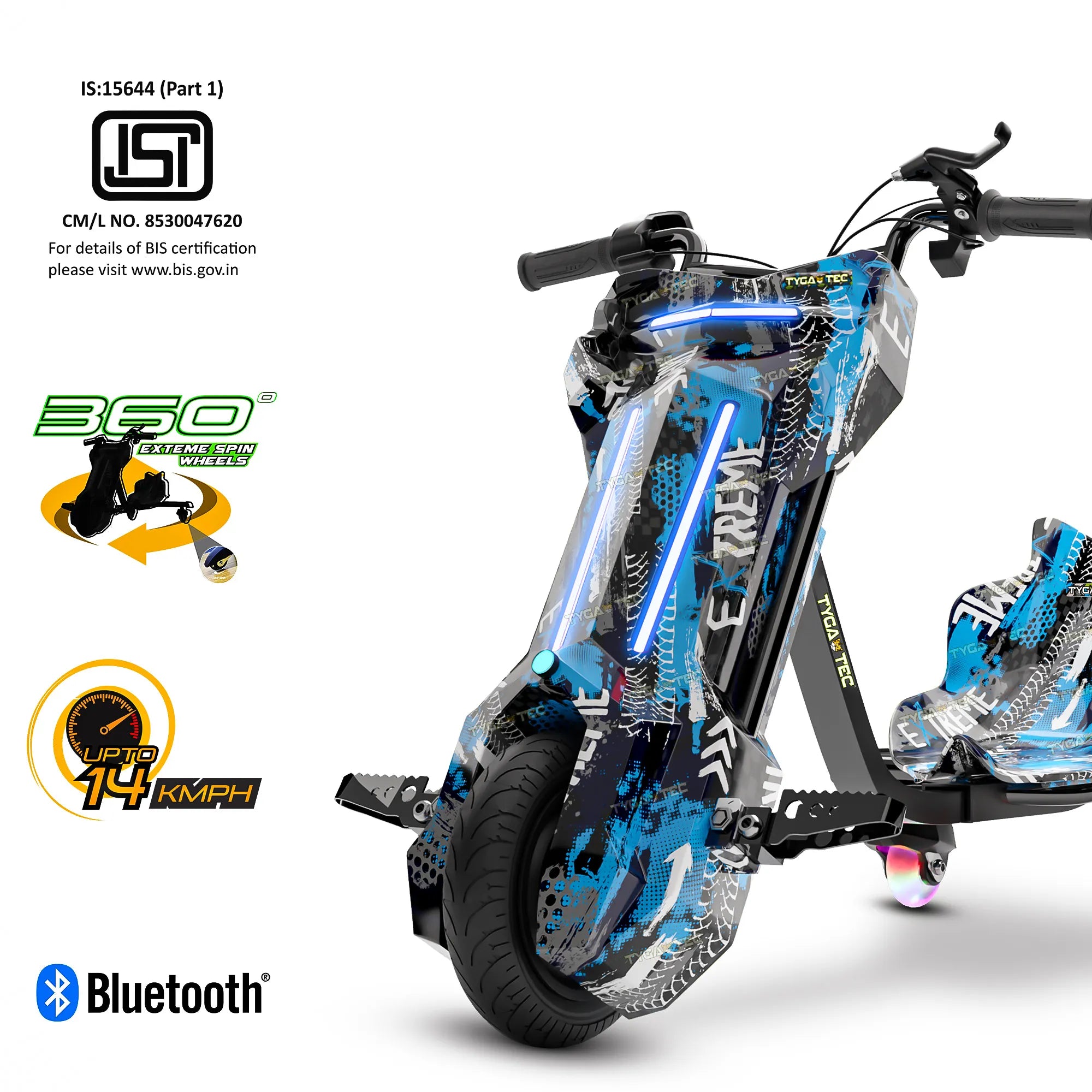 TYGATEC T9 3 WHEEL ELECTRIC 360 DRIFT SCOOTER FOR KIDS AND ADULTS WITH LED LIGHT AND BLUETOOTH (Extreme Blue color)