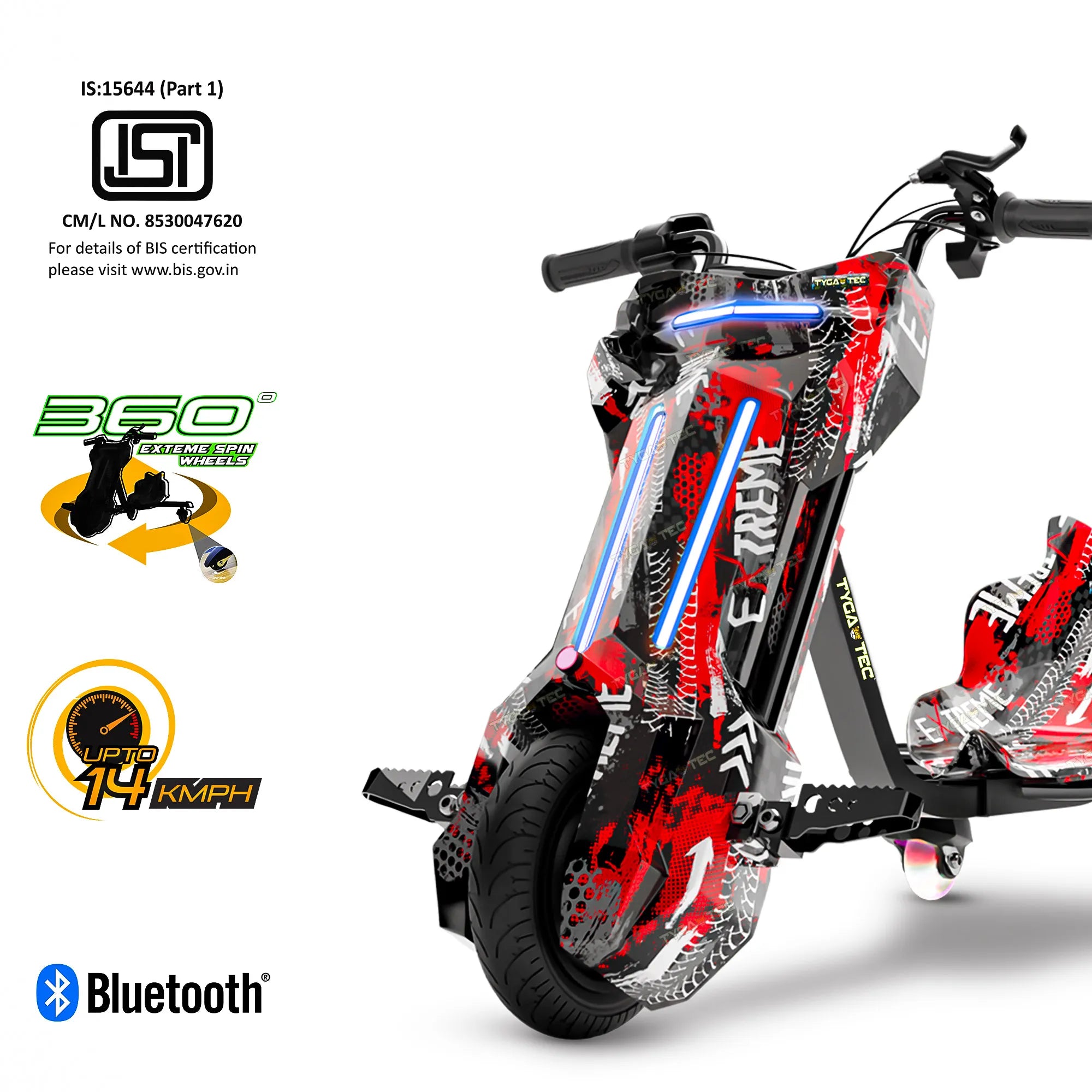 TYGATEC T9 3 WHEEL ELECTRIC 360 DRIFT SCOOTER FOR KIDS AND ADULTS WITH LED LIGHT AND BLUETOOTH (Extreme Red color)