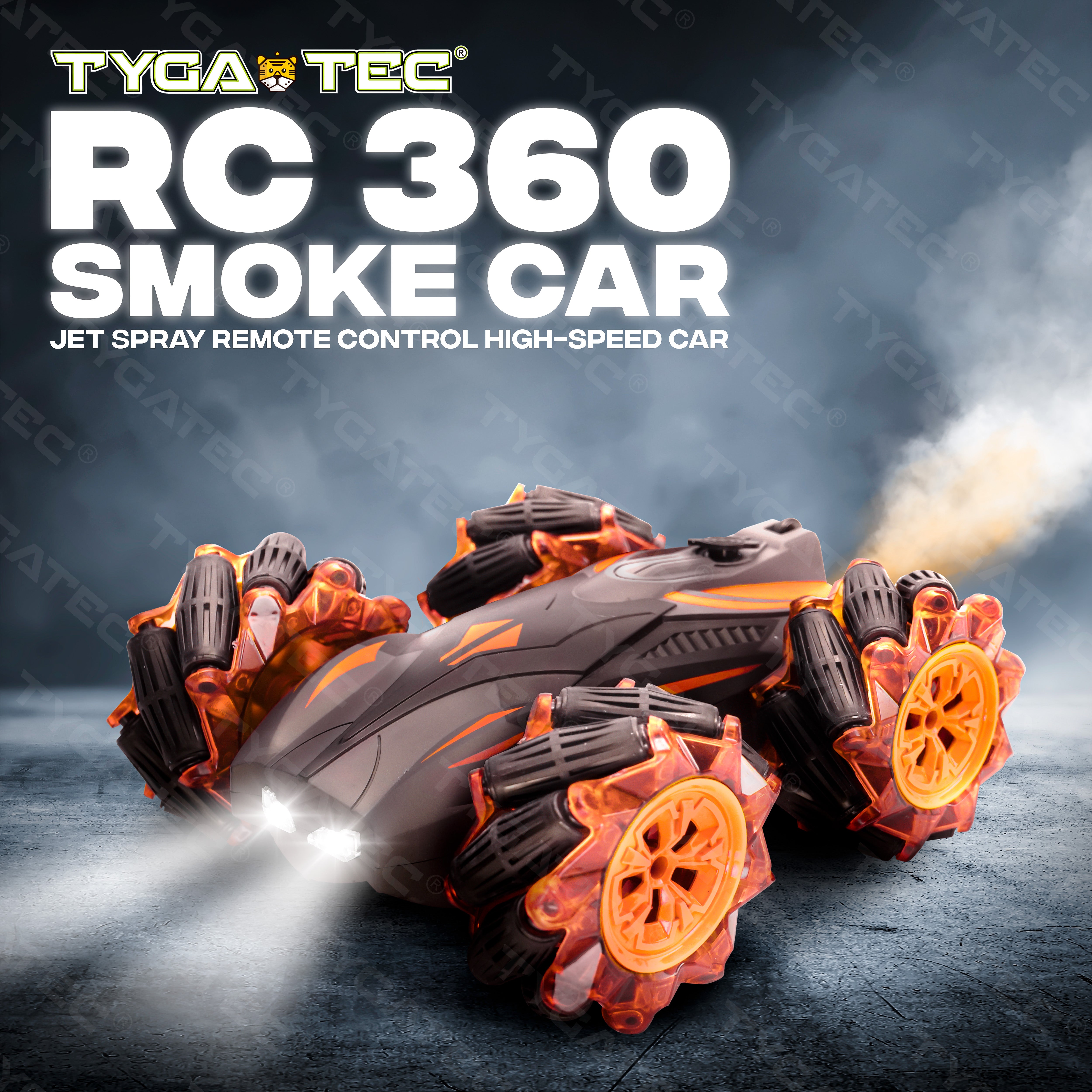 Tygatec Stunt Remote Control Toy Car With Smoke And Led Lights For Kids (Color Orange)