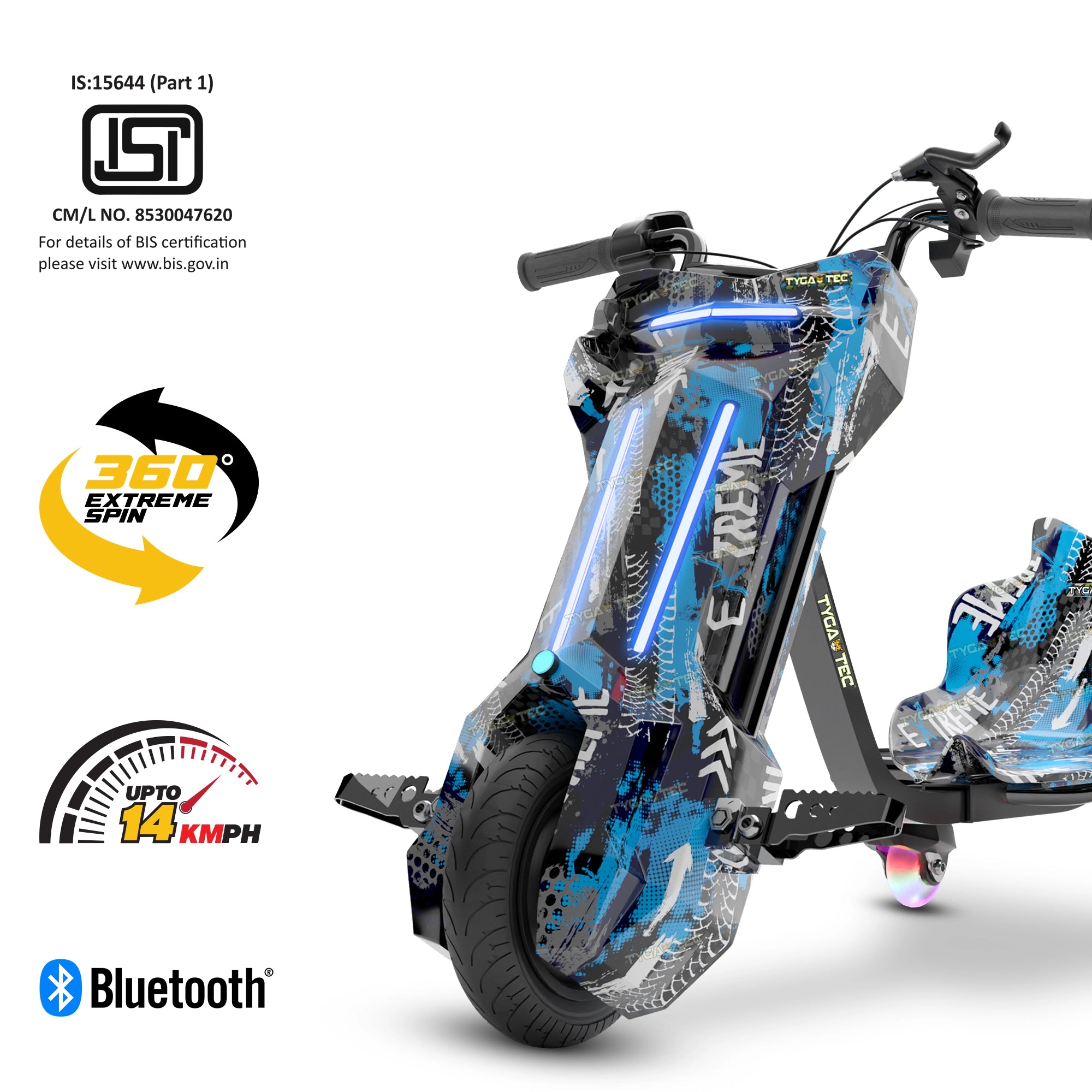TYGATEC T9 3 WHEEL ELECTRIC 360 DRIFT SCOOTER FOR KIDS AND ADULTS WITH LED LIGHT AND BLUETOOTH (Extreme Blue color)