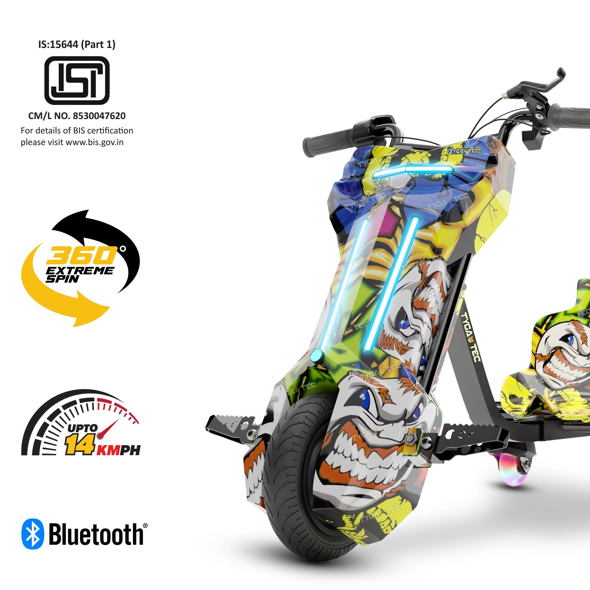 TYGATEC T9 3 WHEEL ELECTRIC 360 DRIFTER FOR KIDS AND ADULTS WITH LED LIGHT AND BLUETOOTH (Extreme Ed-hardy color)