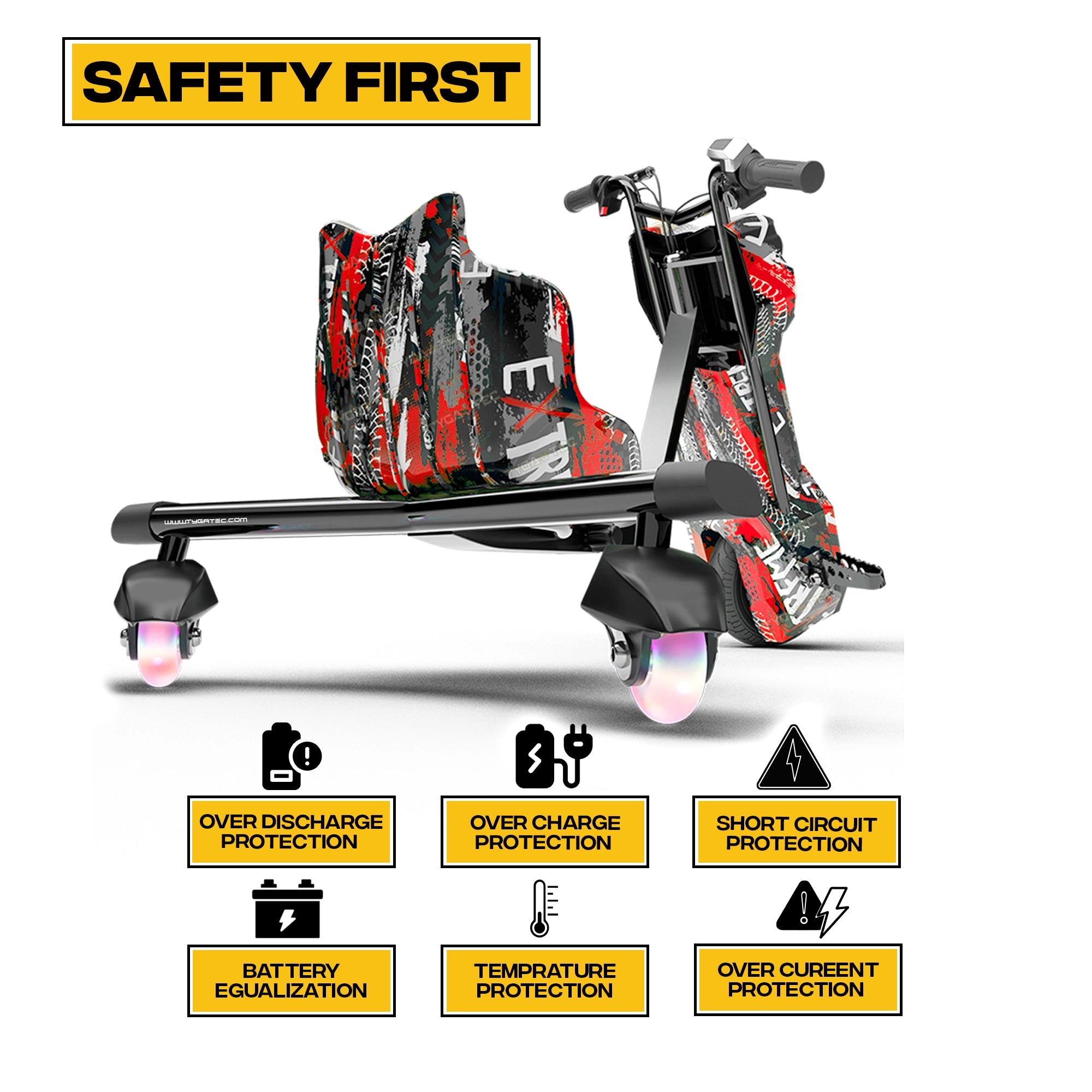 TYGATEC T9 3 WHEEL ELECTRIC 360 DRIFT SCOOTER FOR KIDS AND ADULTS WITH LED LIGHT AND BLUETOOTH (Extreme Red color)