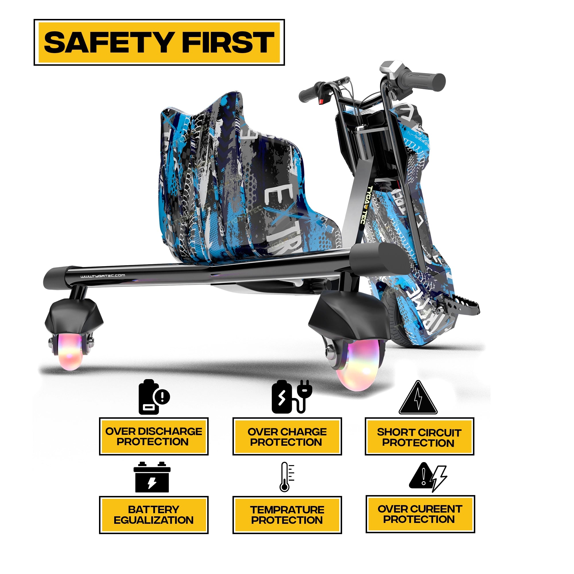 TYGATEC T9 3 WHEEL ELECTRIC 360 DRIFT SCOOTER FOR KIDS AND ADULTS WITH LED LIGHT AND BLUETOOTH (Extreme Blue color)