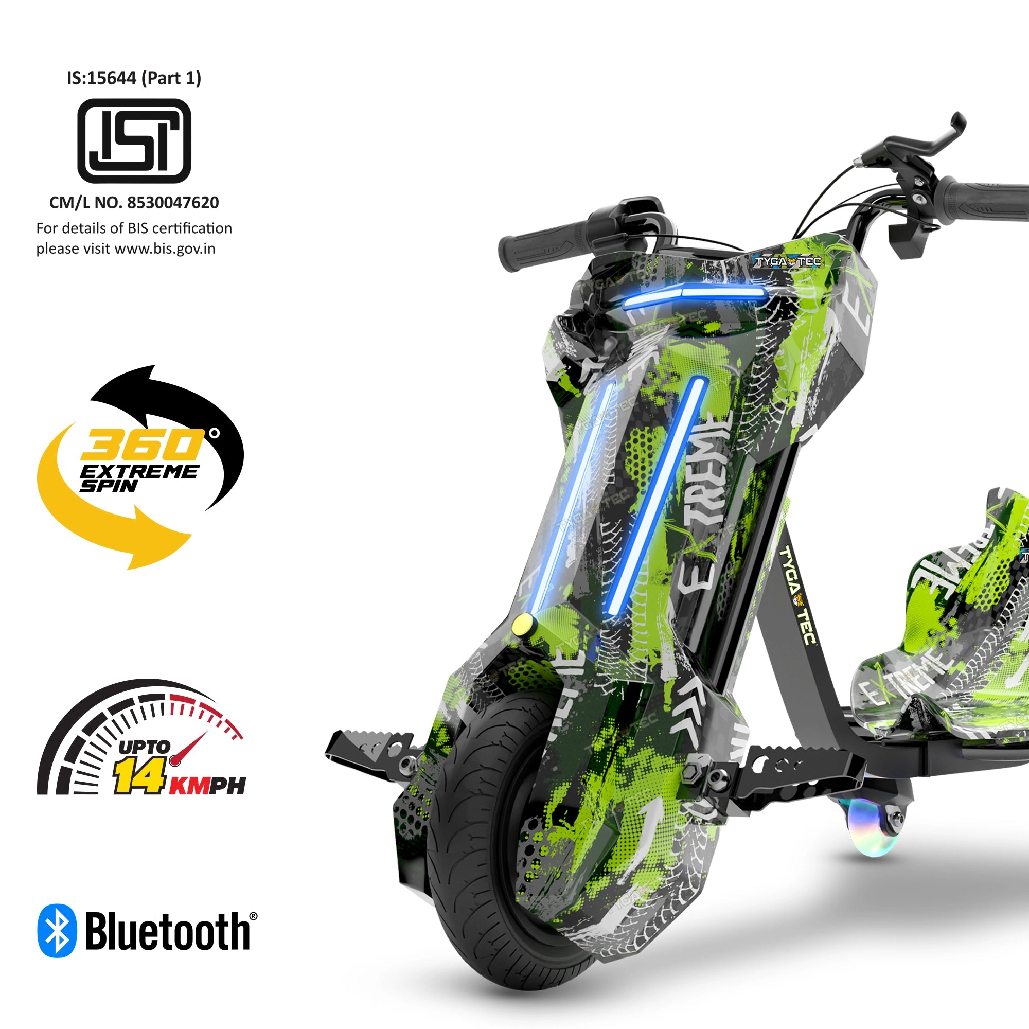 TYGATEC T9 3 WHEEL ELECTRIC 360 DRIFTER FOR KIDS AND ADULTS WITH LED LIGHT AND BLUETOOTH (Extreme Green color)