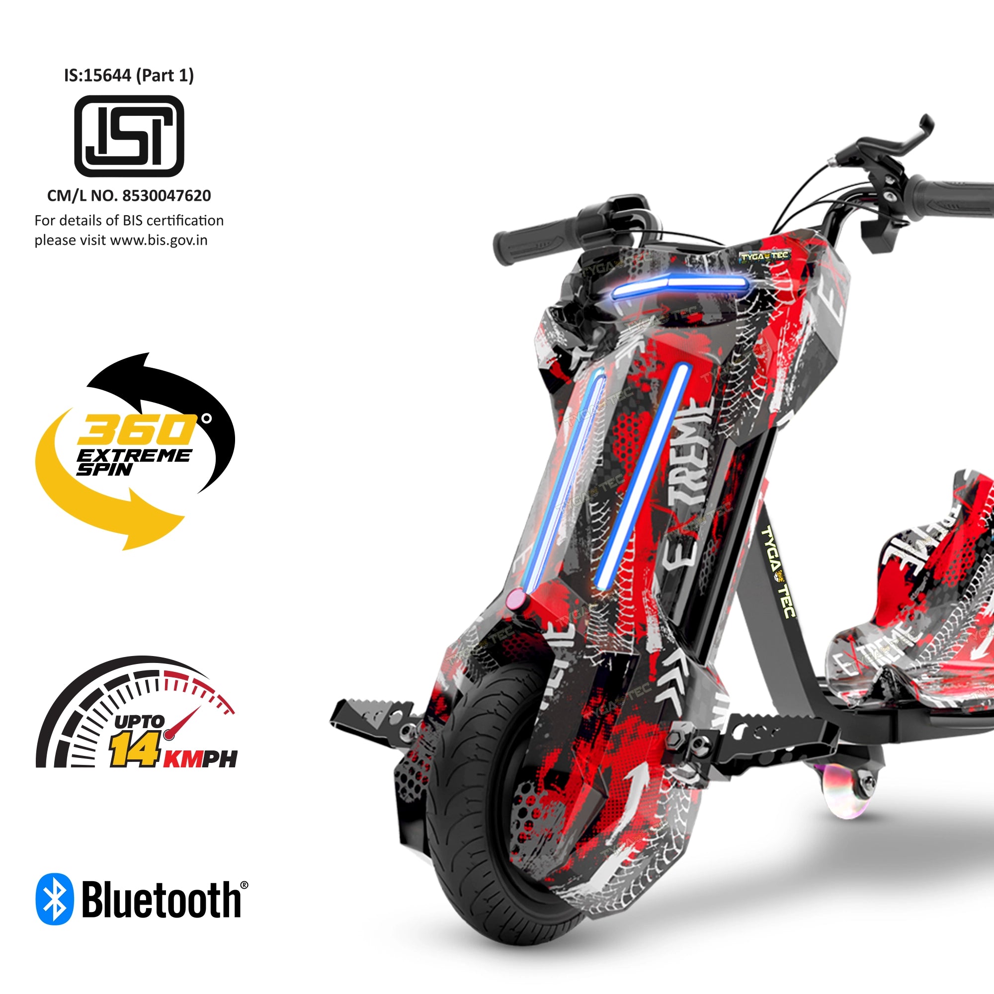 TYGATEC T9 3 WHEEL ELECTRIC 360 DRIFT SCOOTER FOR KIDS AND ADULTS WITH LED LIGHT AND BLUETOOTH (Extreme Red color)