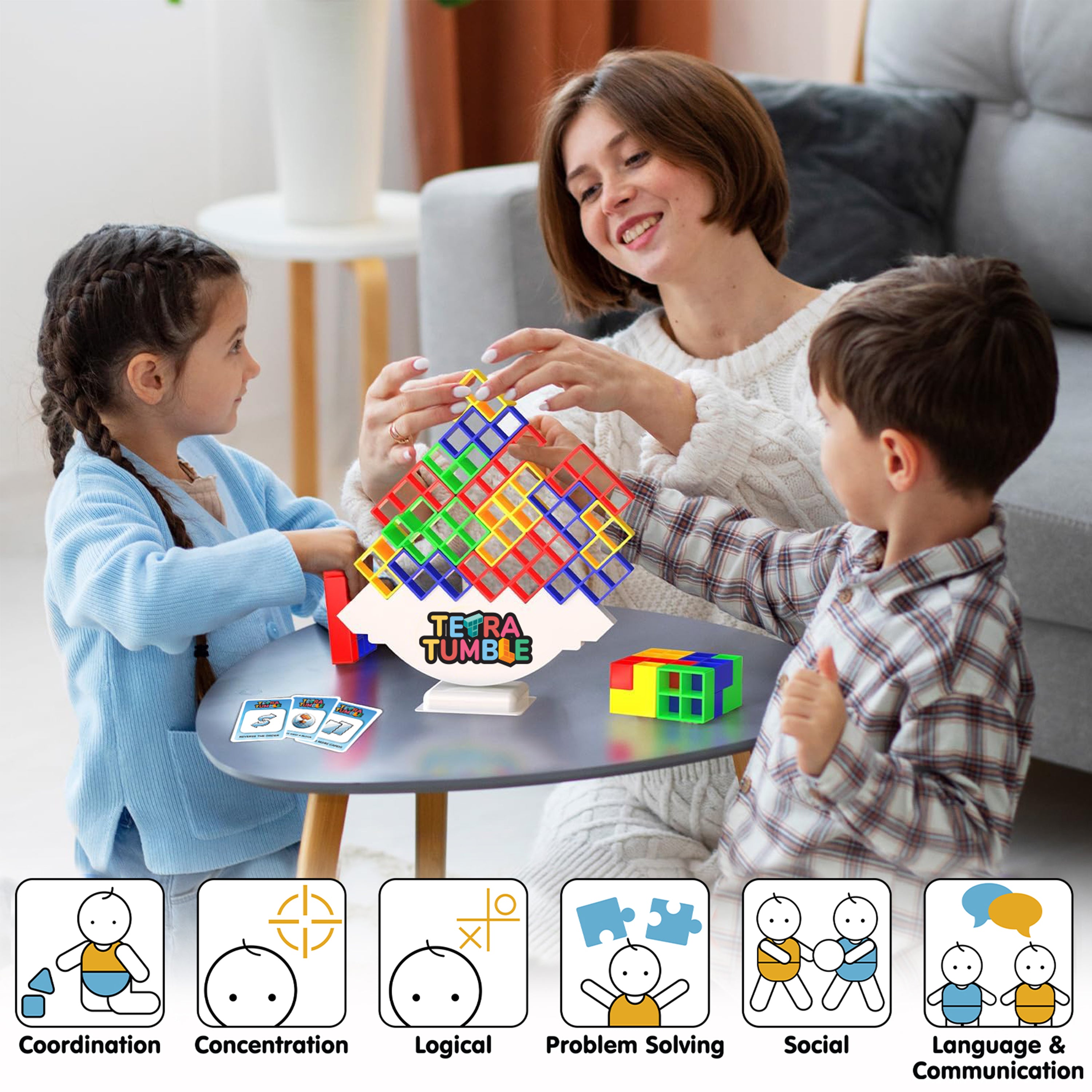 Tygatec 32 Pcs Tetra Tower Stacking Blocks Balance Game, Family Board Games for Kids & Adults-Balancing Stacking Toys Building Blocks for Parties, Travel 【Multi-Colored】