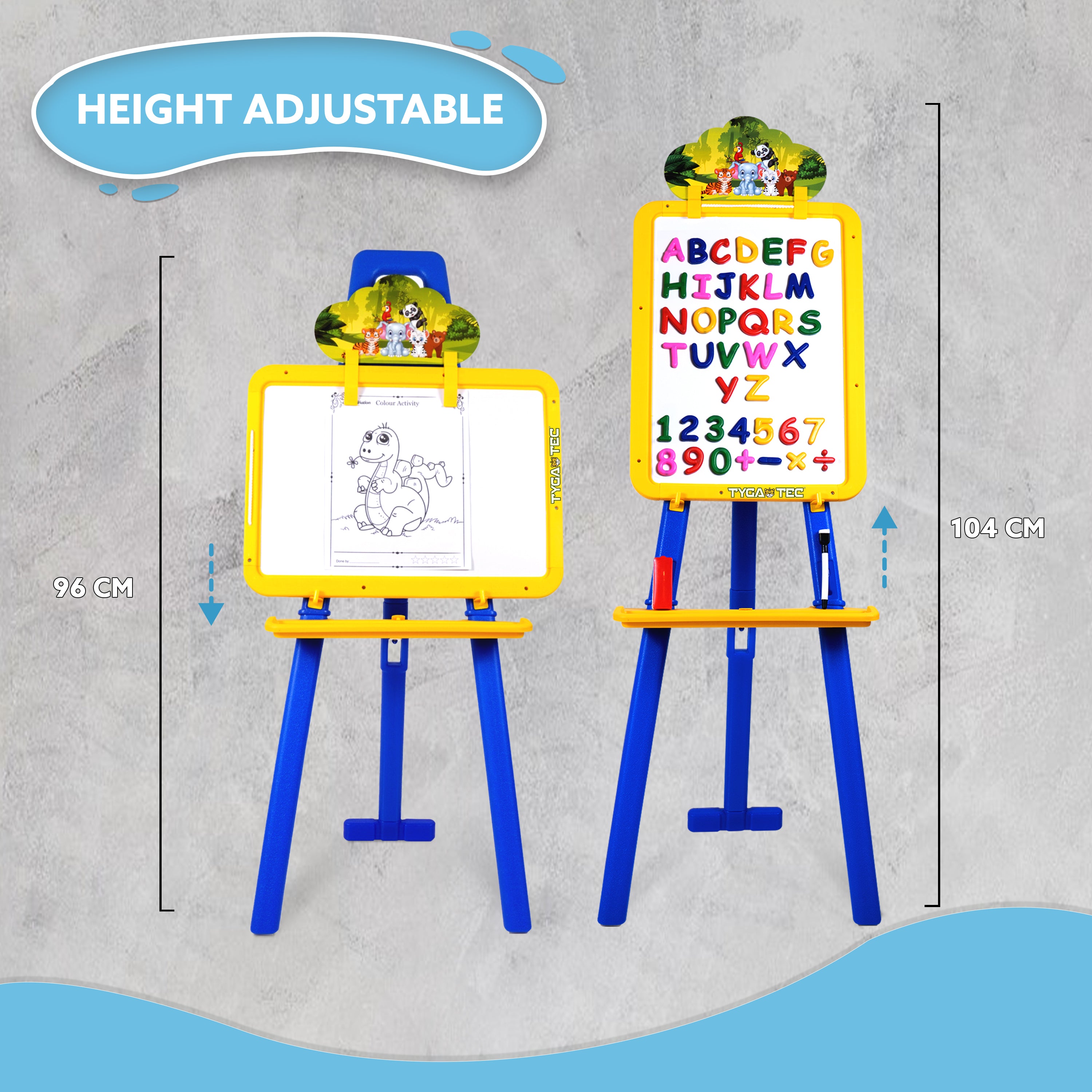 Tygatec Adjustable Easel White Board for Kids and Classrooms – Lightweight, Whiteboard Stand with Height Adjustment, Magnetic Surface, Includes Magnetic Alphabets and Numbers, Portable Design for All Ages (Blue)