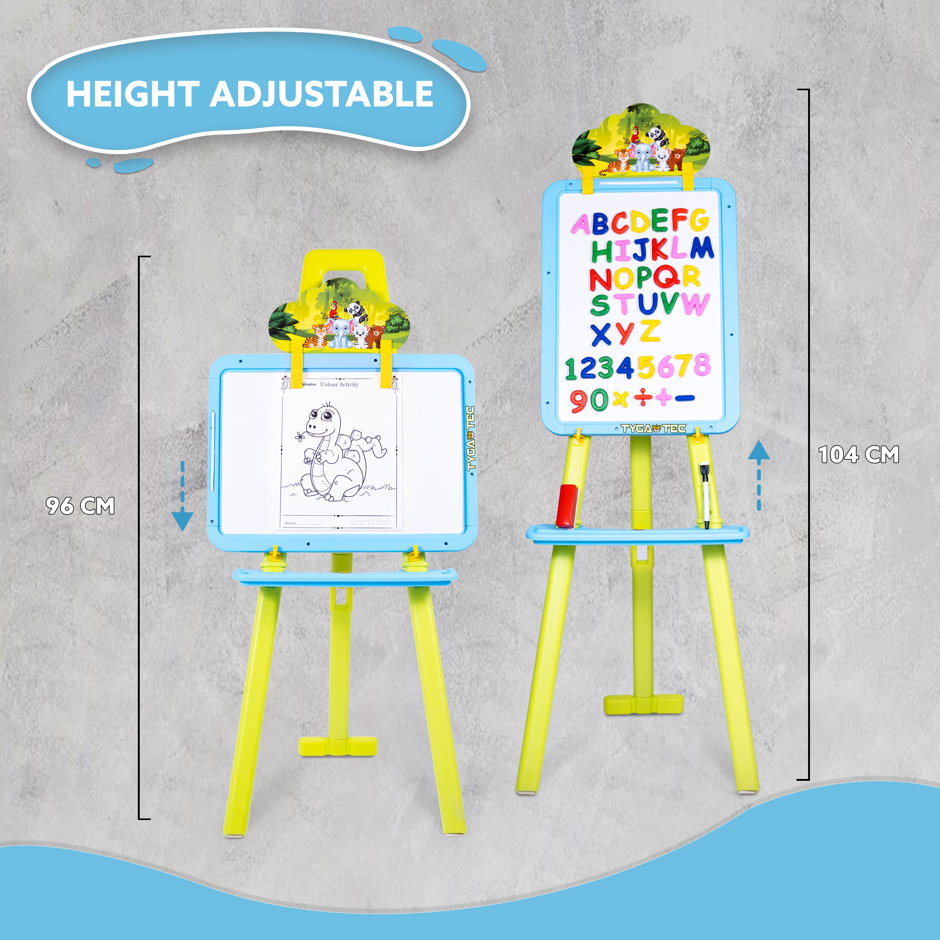 Tygatec Adjustable Easel White Board for Kids and Classrooms – Lightweight, Whiteboard Stand with Height Adjustment, Magnetic Surface, Includes Magnetic Alphabets and Numbers, Portable Design for All Ages (Green)