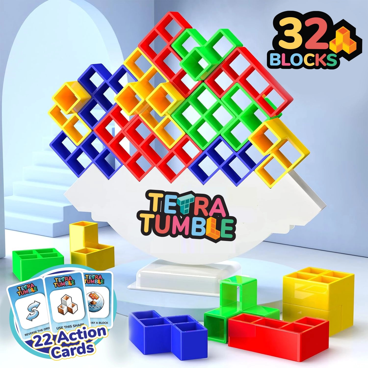 Tygatec 32 Pcs Tetra Tower Stacking Blocks Balance Game, Family Board Games for Kids & Adults-Balancing Stacking Toys Building Blocks for Parties, Travel 【Multi-Colored】