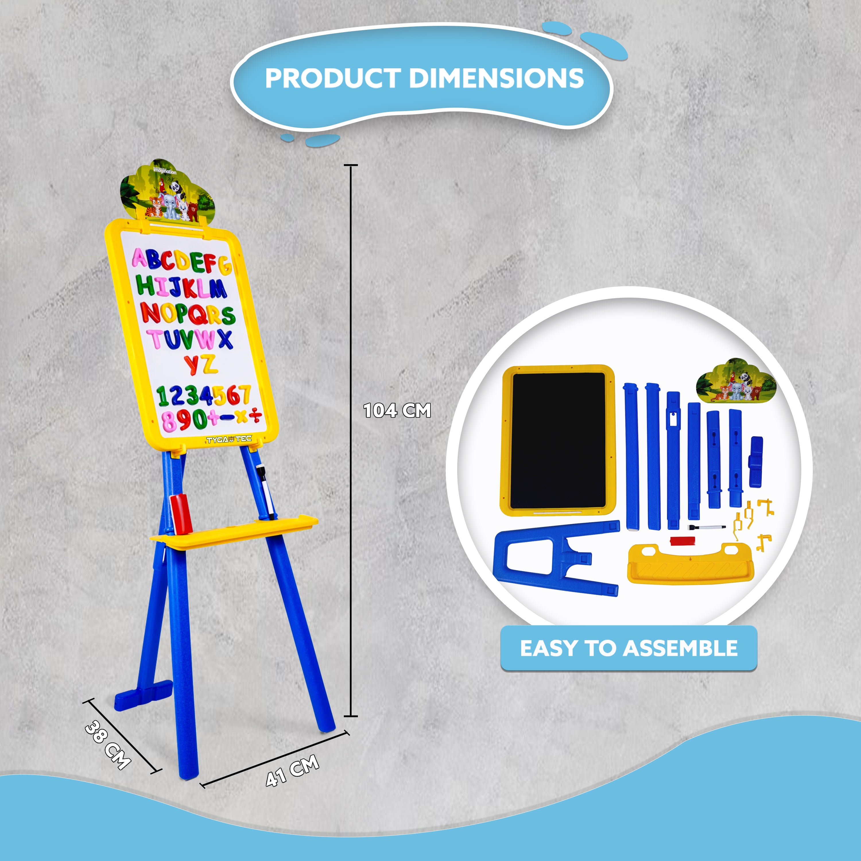 Tygatec Adjustable Easel White Board for Kids and Classrooms – Lightweight, Whiteboard Stand with Height Adjustment, Magnetic Surface, Includes Magnetic Alphabets and Numbers, Portable Design for All Ages (Blue)