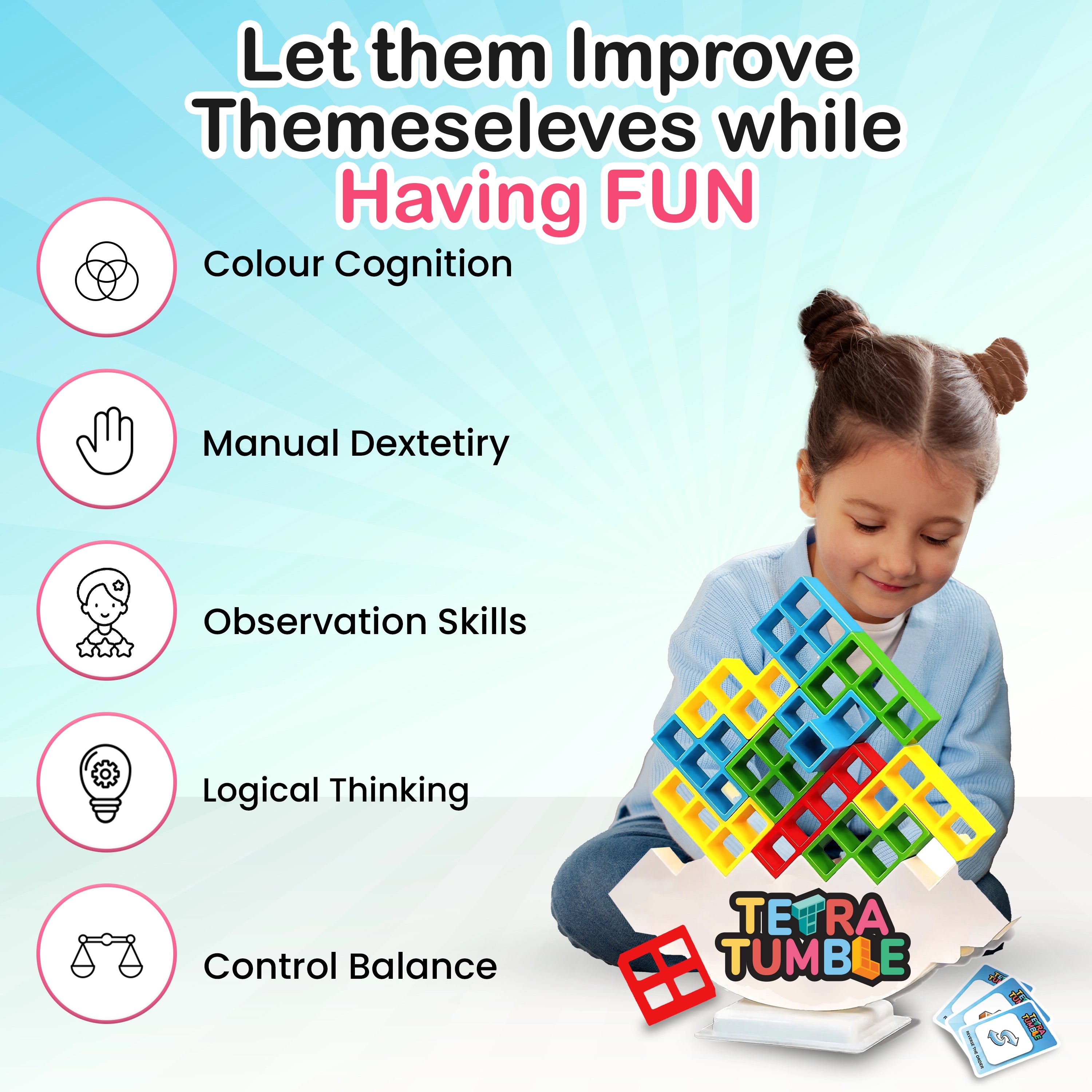 Tygatec 32 Pcs Tetra Tower Stacking Blocks Balance Game, Family Board Games for Kids & Adults-Balancing Stacking Toys Building Blocks for Parties, Travel 【Multi-Colored】