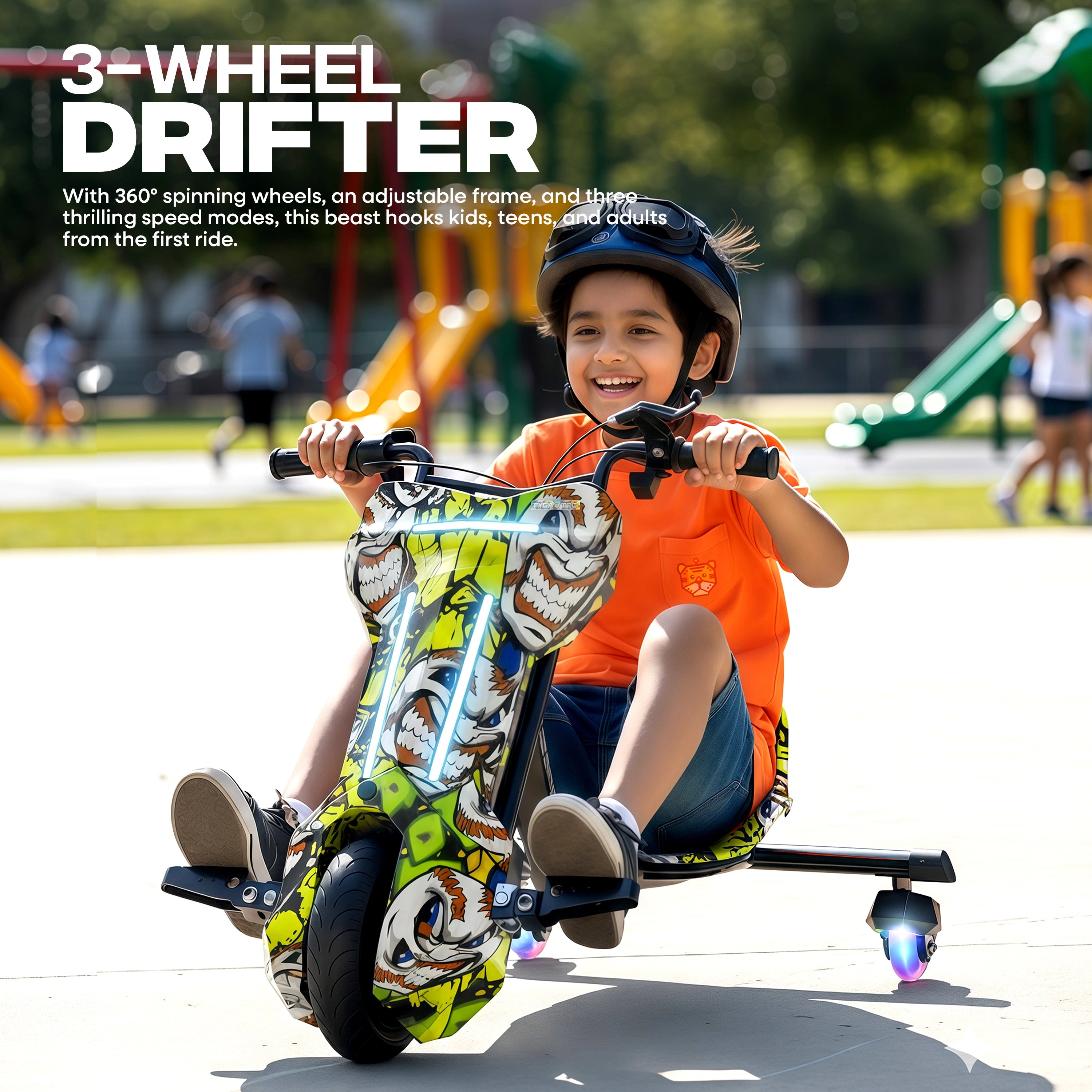 TYGATEC T9 3 WHEEL ELECTRIC 360 DRIFTER FOR KIDS AND ADULTS WITH LED LIGHT AND BLUETOOTH (Extreme Ed-hardy color)