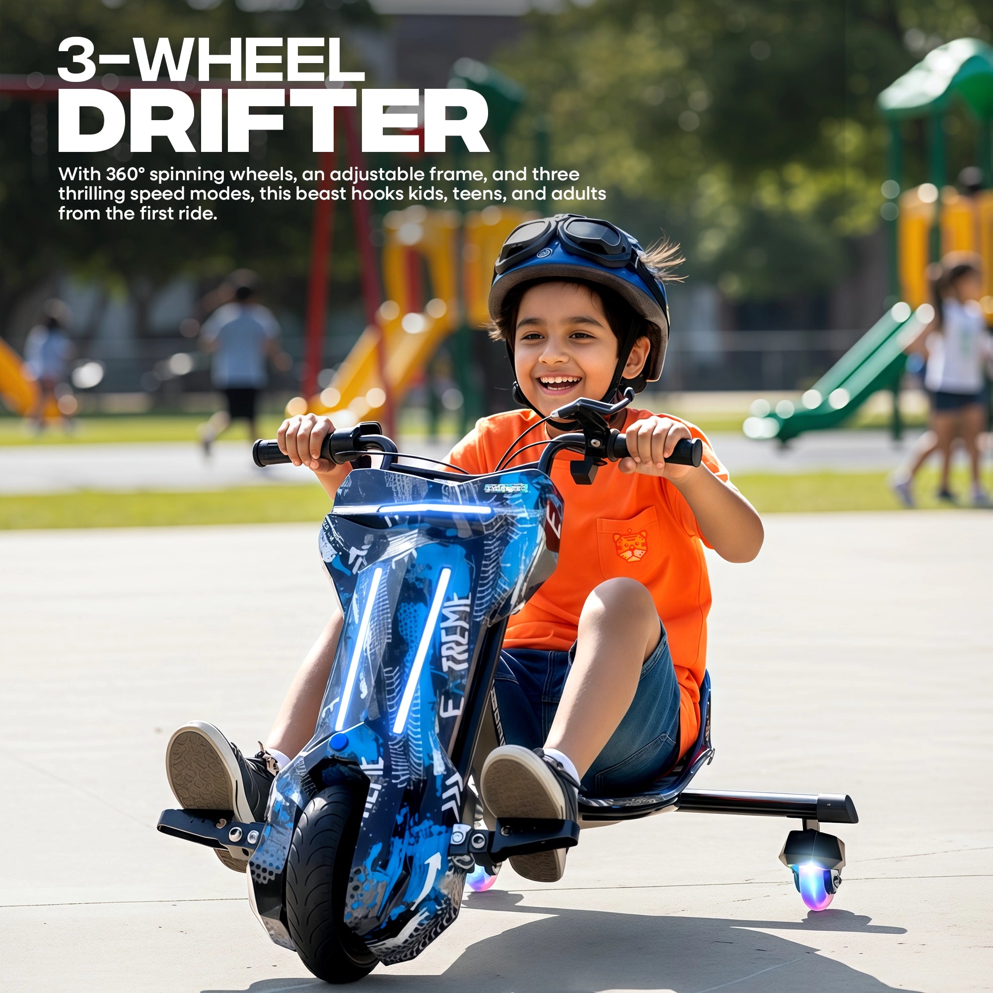 TYGATEC T9 3 WHEEL ELECTRIC 360 DRIFT SCOOTER FOR KIDS AND ADULTS WITH LED LIGHT AND BLUETOOTH (Extreme Blue color)