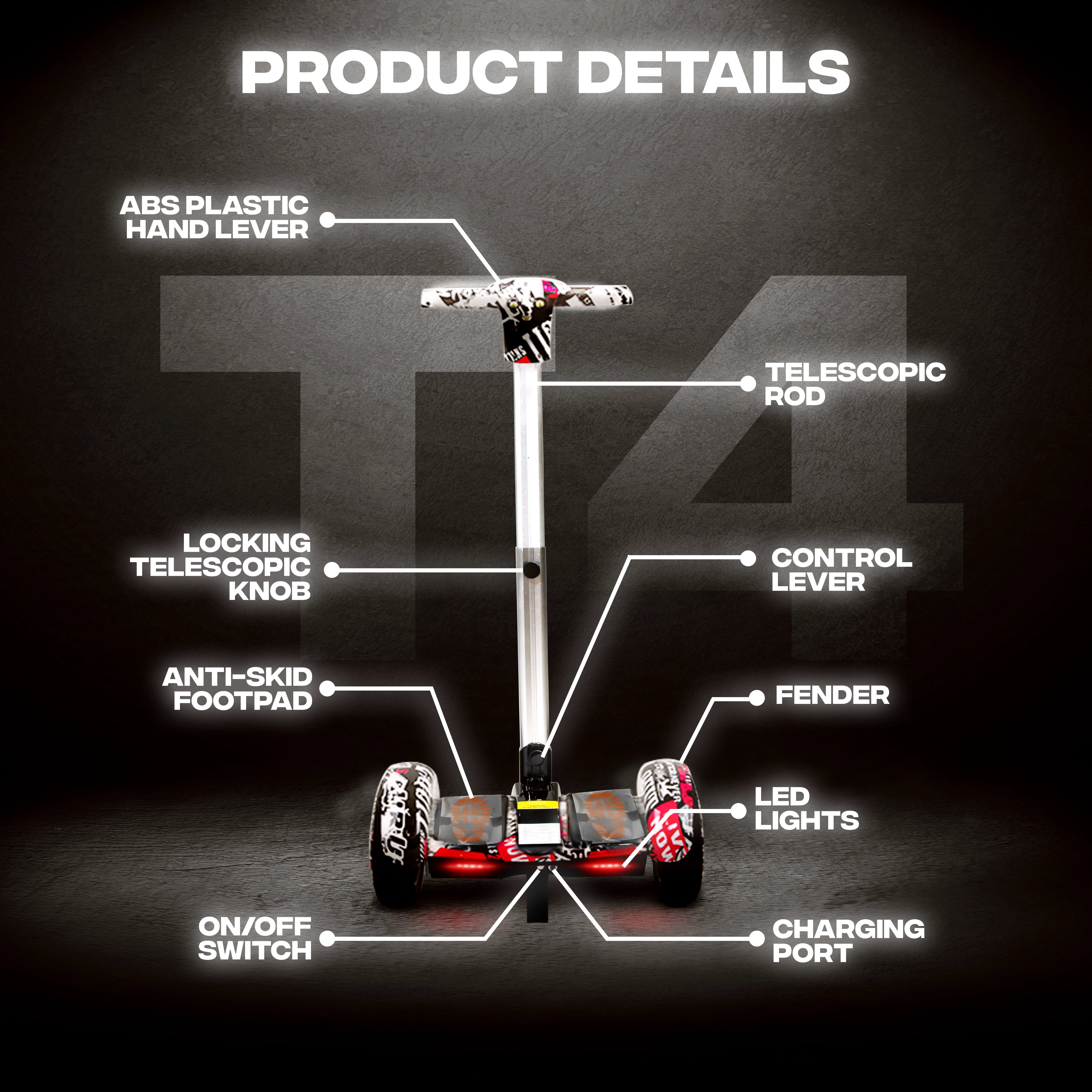 TYGATEC T4 Self Balancing Hoverboard with Handle (white multi)