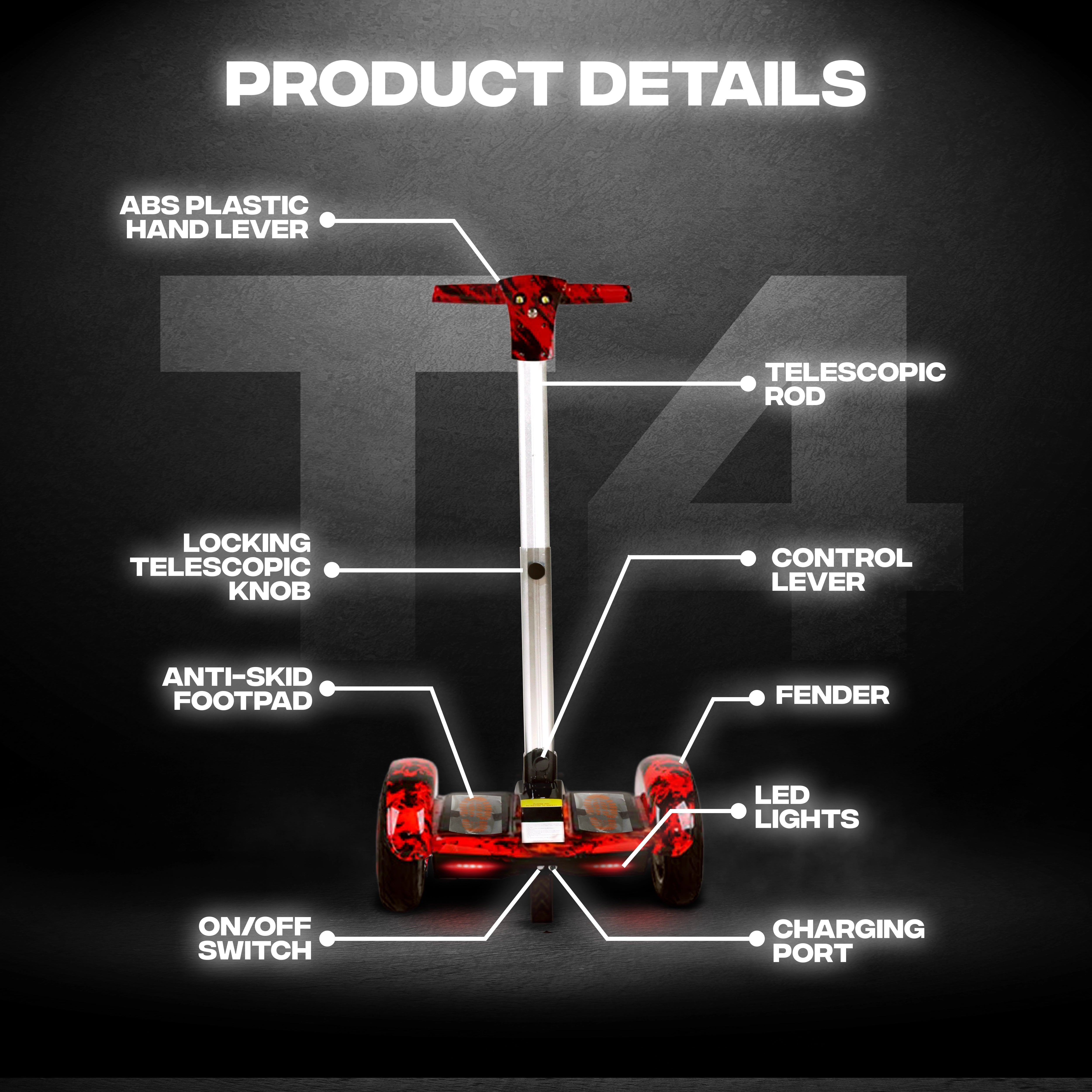 TYGATEC T4 Self Balancing Hoverboard with Handle (Red Fire)