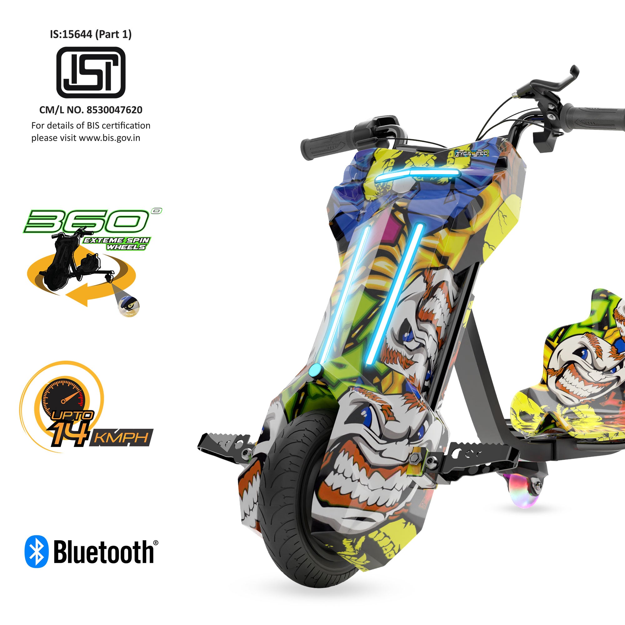 TYGATEC T9 3 WHEEL ELECTRIC 360 DRIFTER FOR KIDS AND ADULTS WITH LED LIGHT AND BLUETOOTH (Extreme Ed-hardy color)