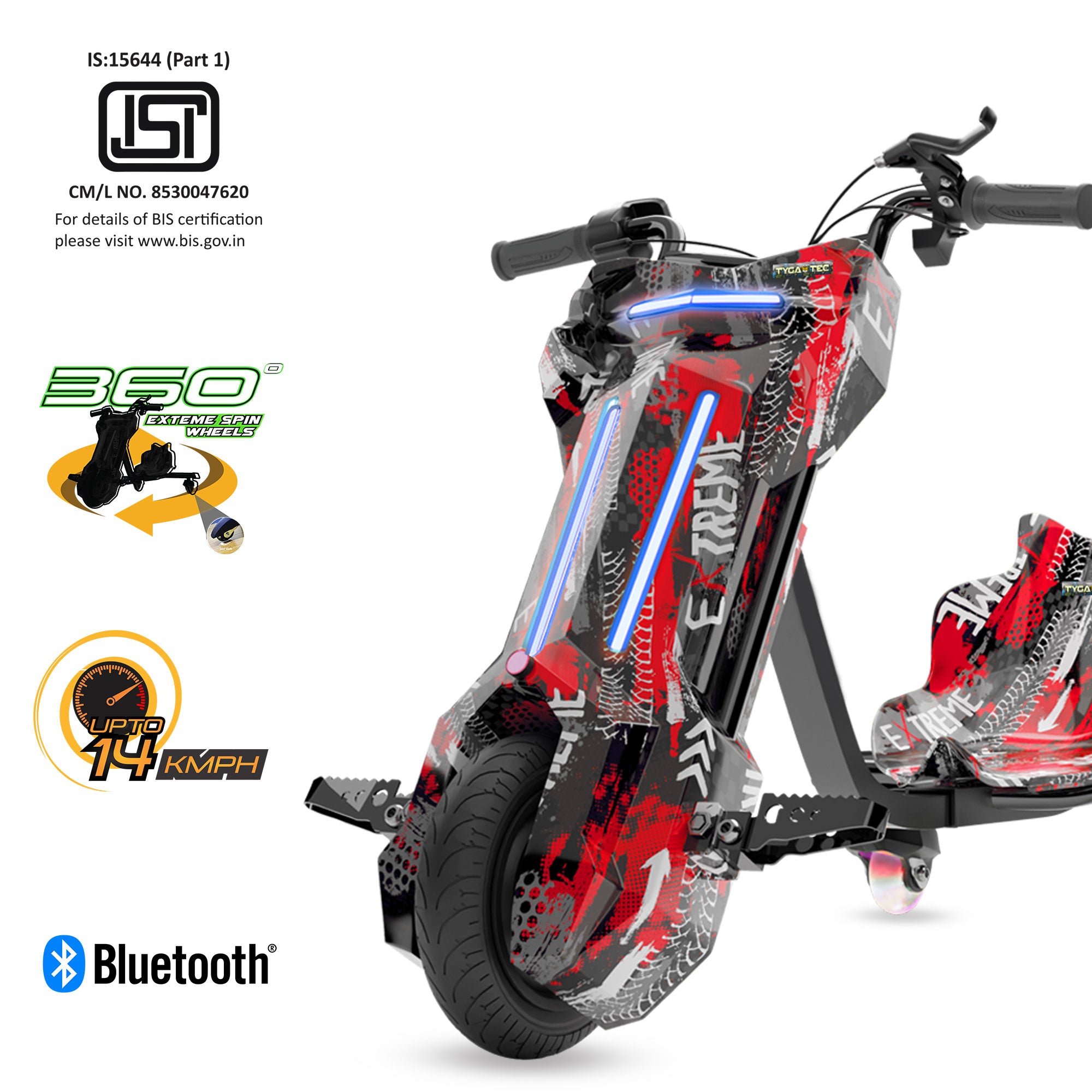 TYGATEC T9 3 WHEEL ELECTRIC 360 DRIFT SCOOTER FOR KIDS AND ADULTS WITH LED LIGHT AND BLUETOOTH (Extreme Red color)
